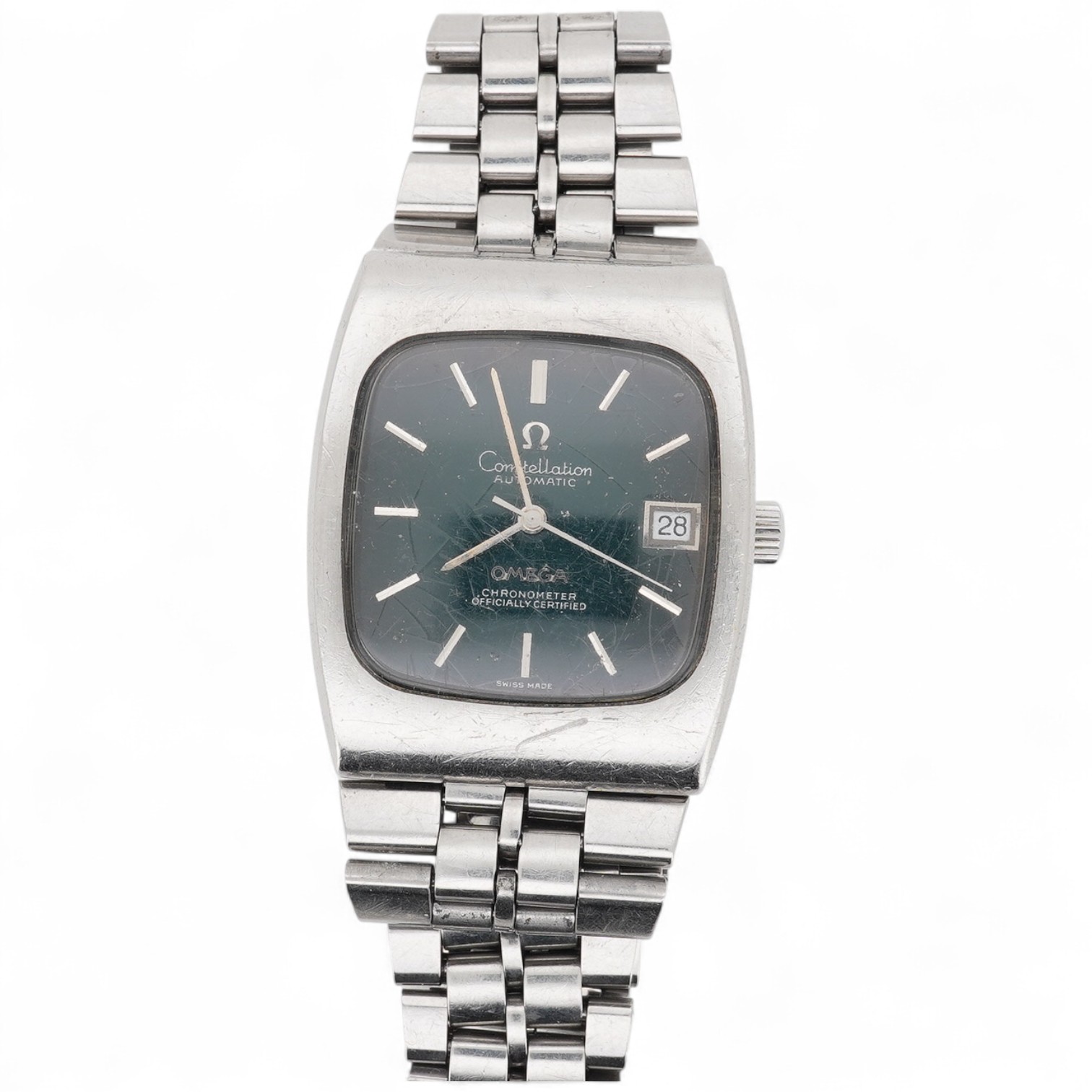 A gentleman's 1970;s stainless steel Omega Constellation automatic wrist watch, with baton numerals and date aperture, case diameter 34mm, on a stainless steel Omega bracelet, no box or papers.